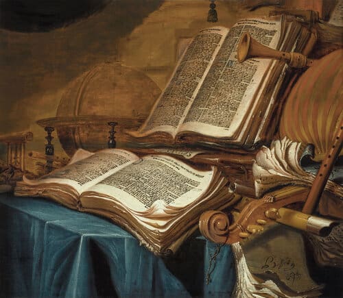 Painting of two open books and a viol da gamba scroll.