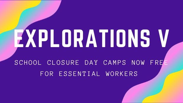 Purple background says Day Camps Now Free for Essential Workers