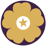 Women's Suffrage Gold Star inside white circle, inside gold 5 petal flower, inside purple circle