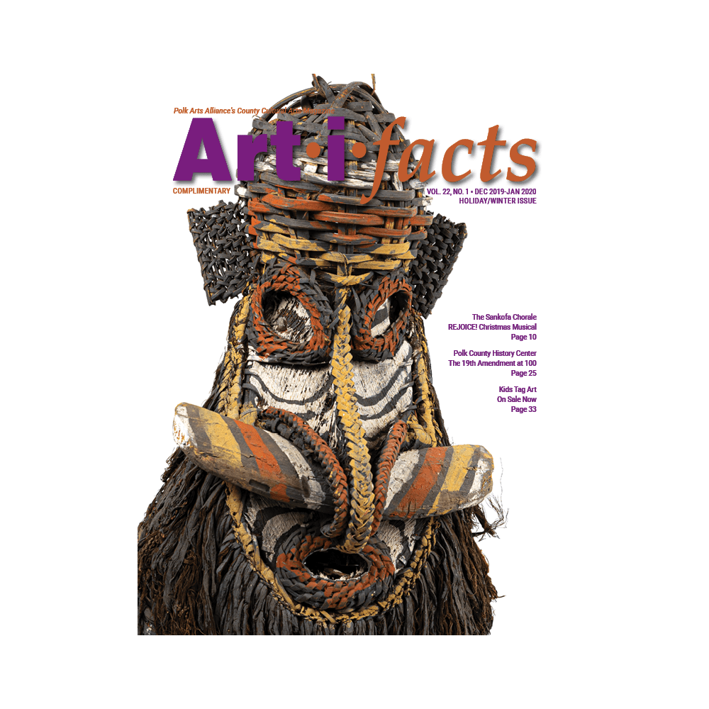 Mask detail of Iatmul People, Sepik River District, Basket Mask, Raffia, rattan, wood, and string from The Dr. Alan & Linda Rich Collection on the cover of the Dec 2019-Jan 2020 issue of Art-i-facts magazine.