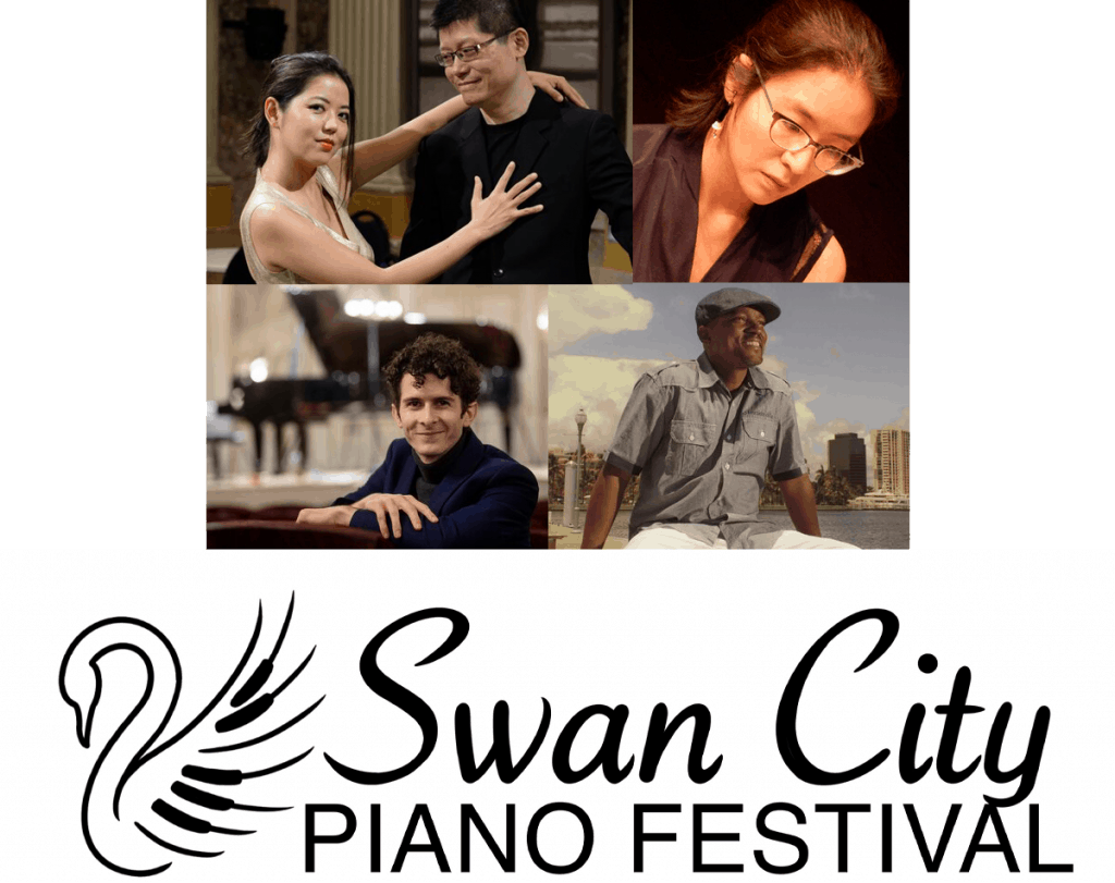 Swan City Piano Festival Logo and photos of the guest artists