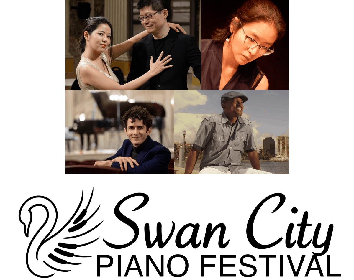 Swan City Piano Festival Logo and photos of the guest artists
