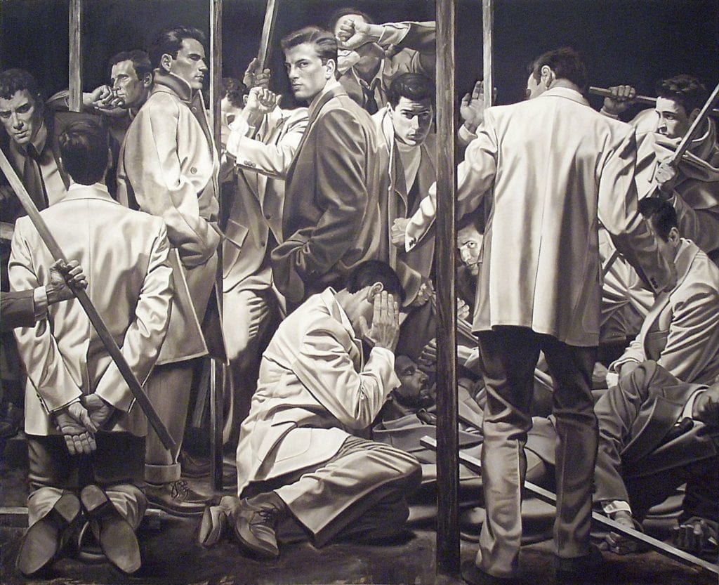 James Michaels, ‘15 MEN,’ 1992, oil on canvas, 1992 Mayfaire By-The-Lake Museum Purchase Award through the Kent Harrison Memorial Acquisition Fund, Polk Museum of Art Permanent Collection
